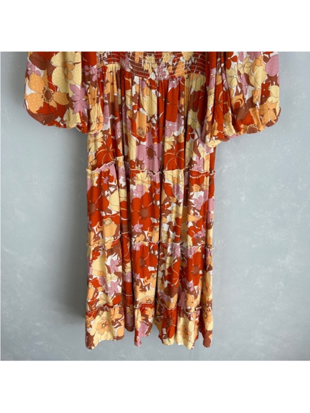 Show Me Your MuMu Orange Floral Puff-Sleeve Midi Dress - Picture 7 of 10